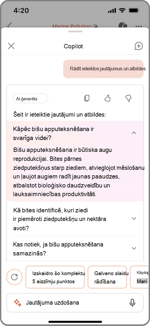 Copilot programmā PowerPoint ekrānuzņēmums iOS ierīcē ar ieteikto jautājumu&kā