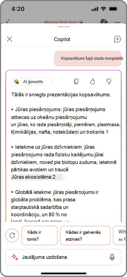 Copilot programmā PowerPoint ekrānuzņēmums iOS ierīcē ar slaidu pakas kopsavilkuma izveides rezultātiem