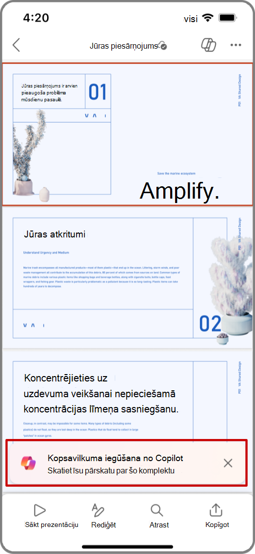Copilot programmā PowerPoint ekrānuzņēmums iOS ierīcē ar izceltu uzvedni Iegūt kopsavilkumu