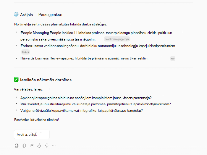 Ekrānuzņēmums ar Copilots atbildēm, lai izveidotu prezentāciju, kurā redzama informācija par pieprasīto tēmu un sekojuma jautājumi.