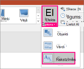 Ekrānuzņēmums, kurā redzama izvēlne Efekta opcijas morfējuma pārejai ar atlasītu opciju Rakstzīmes.
