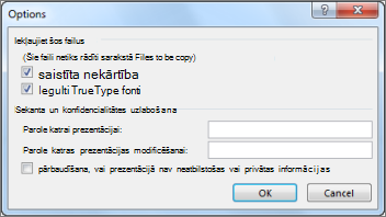 Opciju dialoglodziņš iepakošanai kompaktdiskā