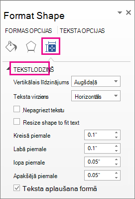 Ekrānuzņēmums, kurā redzamas tekstlodziņa opcijas rūtī Formas formatēšana.