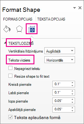 Ekrānuzņēmums, kurā redzams teksta virziens rūtī Formas formatēšana