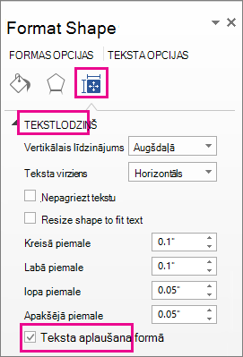 Ekrānuzņēmums, kurā redzama izvēles rūtiņa Aplauzt tekstu formā