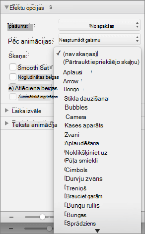 Ekrānuzņēmumā redzama animāciju rūts sadaļa Efekta opcijas ar izvērstu izvēlni Skaņa.