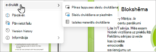 Ekrānuzņēmums, kurā redzamas PDF drukas opcijas programmā PowerPoint tīmeklim.