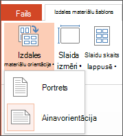 Izvēlne Izdales materiālu orientācija