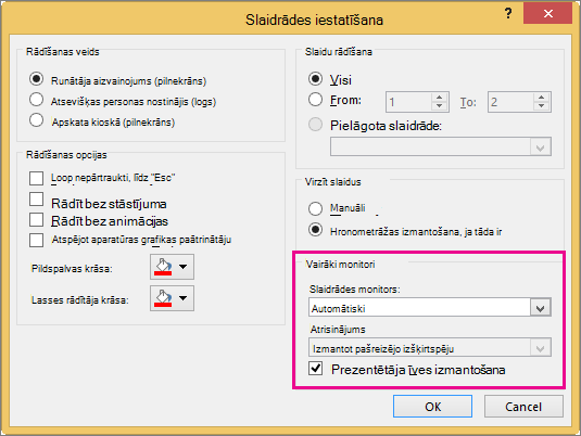 Pārrauga opcijas dialoglodziņā Slaidrādes iestatīšana