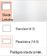 Slaida izmēru poga grupā Pielāgot