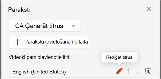 Ekrānuzņēmums, kurā redzama titru ieraksta rediģēšanas poga rūtī Titri.