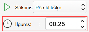 PowerPoint darbam ar Mac animācijas ilguma izvēlne
