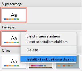 Parāda opciju Iestatīt kā noklusējuma dizainu pielāgotam dizainam