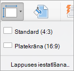 Tiek parādīta izvēlne Slaida izmēri