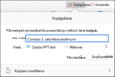 Ekrānuzņēmums, kurā redzams dialoglodziņš ar piedāvājumu augšupielādēt prezentāciju Microsoft mākoņkrātuvē ērtai koplietošanai.