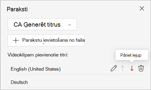 Ekrānuzņēmums, kurā redzama titru ieraksta pārvietošanas lejup poga rūtī Titri.