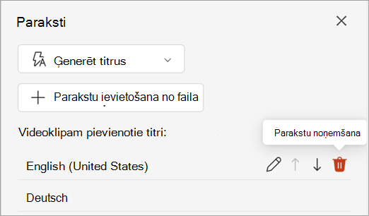 Ekrānuzņēmums, kurā redzama titru ieraksta noņemšanas poga rūtī Titri.