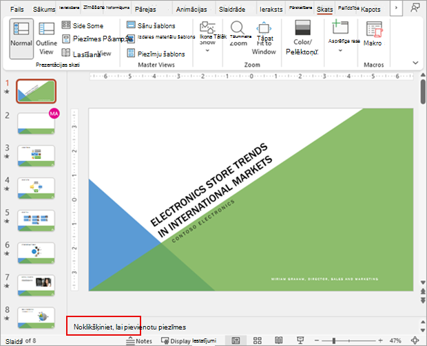 Ekrānuzņēmums, kurā redzams PowerPoint slaidu komplekts normālskatā kopā ar piezīmju sadaļu.