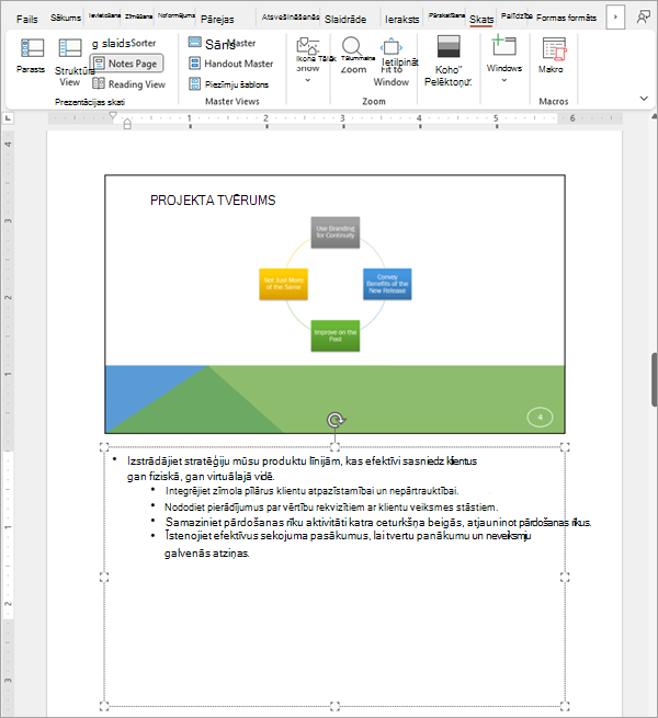 Ekrānuzņēmums, kurā redzams viens PowerPoint slaidu komplekta slaids ar saistītajām piezīmēm.