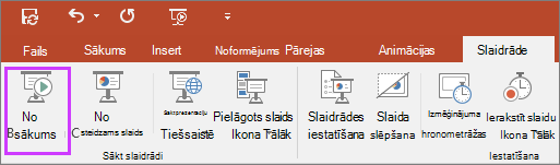 Tiek rādīta poga No sākuma slaidrādes cilnē programmā PowerPoint