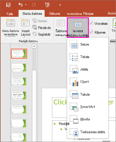 Tiek rādīta poga Ievietot vietturi slaidu šablona skatā programmā PowerPoint