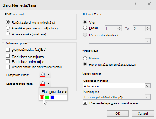 Ekrānuzņēmums, kurā redzamas lāzera rādītāja opcijas programmā PowerPoint