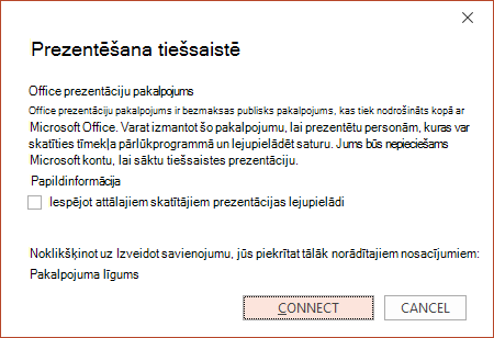 Ekrānuzņēmums ar dialoglodziņu Prezentēšana tiešsaistē