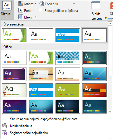 Tiek rādītas slaidu šablona dizaina opcijas programmā PowerPoint