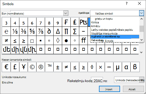 Tiek rādīta apakšraksta un augšraksta apakškopa dialoglodziņā Simbols programmā PowerPoint