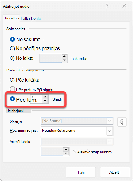 Var norādīt slaidu skaitu, kas tiks atskaņots no audioklipa.
