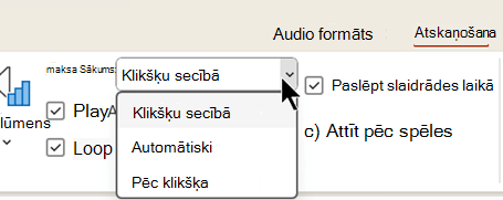 Ekrānuzņēmums, kurā redzama audio failu cilne Atskaņošana, kurā ir trīs opcijas, kad sākt audio atskaņošanu.