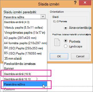 Platekrāns vai Slaidrāde ekrānā (16:9)