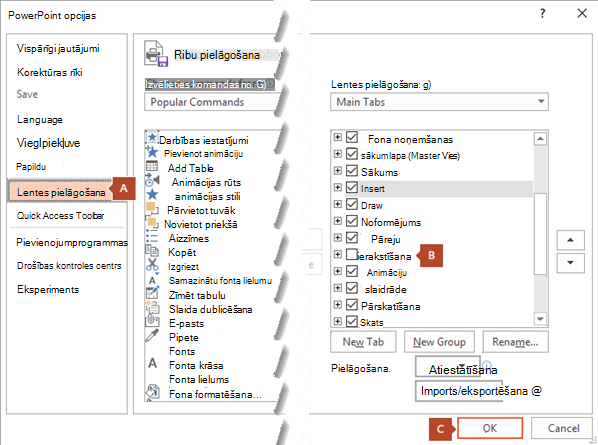 PowerPoint 2016 dialoglodziņa Opcijas cilnē Lentes pielāgošana ir opcija pievienot cilni Ierakstīšana PowerPoint lentei.