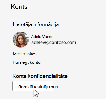 Konta dialoglodziņš ar iestatījumu pārvaldības pogu seleted.