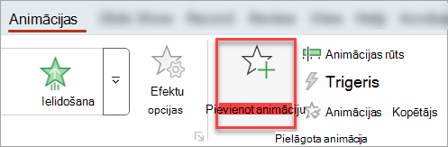 Poga Pievienot animāciju cilnē Animācijas.
