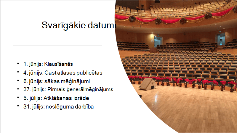 Slaida paraugs ar tekstu, laika grafiku un fotoattēlu, ko izkārtoja un izkārtoja Noformējuma idejas.