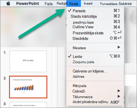 Izvēlne Skats programmā PowerPoint