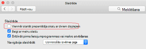 Dialoglodziņā Slaidrāde notīriet izvēles rūtiņu Vienmēr sākt prezentētāja skatu ar 2 displejiem.