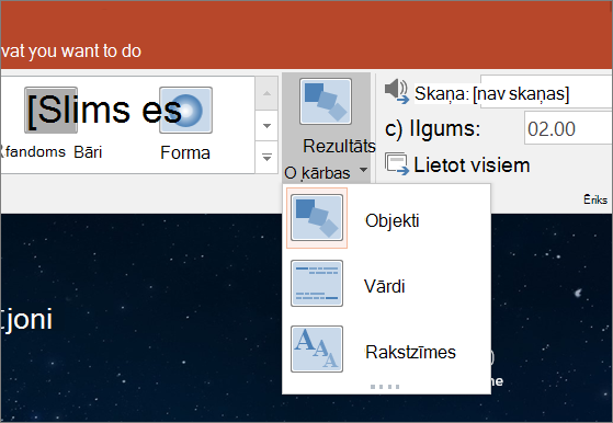 Rāda pārejas efektu opcijas morfējuma pārejai programmā PowerPoint 2016