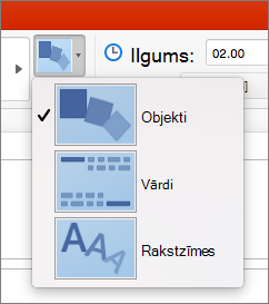 Rāda efekta opcijas morfējuma pārejai programmā PowerPoint 2016 darbam ar Mac