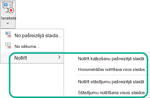 Notīrīt komandas izvēlnes poga Ierakstīt slaidrādi programmā PowerPoint.