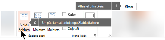Izmantojiet cilni Skats programmā PowerPoint, lai pārslēgtos uz slaidu šablona skatā