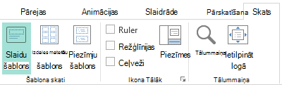 Slaidu izkārtojumus iespējams pielāgot slaidu šablona skatā
