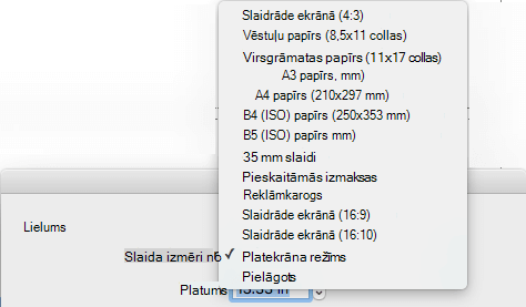 Dialoglodziņā Lappuses iestatīšana ir vairākas iepriekš definētas slaida izmēru opcijas