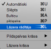 Ekrānuzņēmums, kurā uznirstošajā izvēlnē redzams lāzera rādītājs