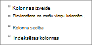 Saites Pievienot esošu kolonnu tuvplāns iestatījumu lapā