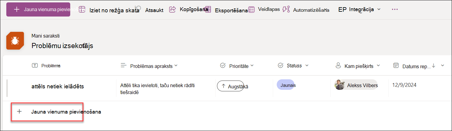 Pievienot jaunu ekrānuzņēmums režģa skatā