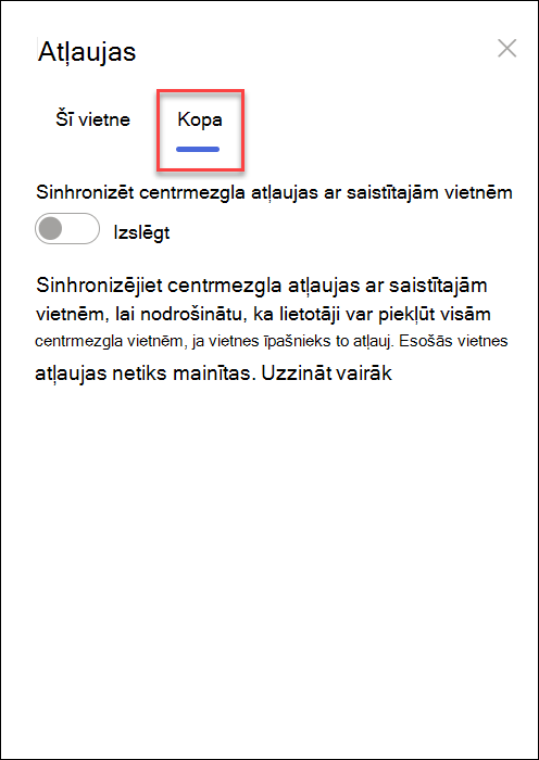 Ekrānuzņēmums, kurā redzama centrmezgla atļauju sinhronizēšanas ieslēgšana