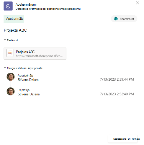 Ekrānuzņēmums ar saraksta elementu apstiprināšanas vēsturi lietojumprogrammā.