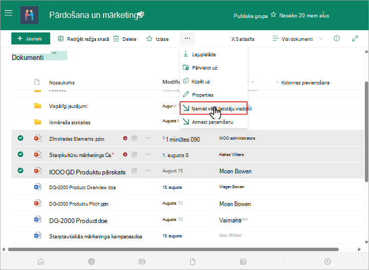 Savā SharePoint bibliotēkā varat atlasīt un atdot vairākus failus.